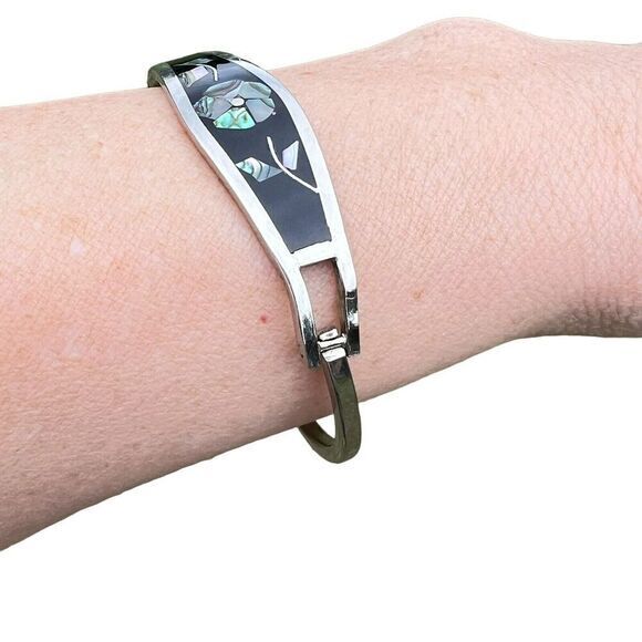 Vintage Alpaca‎ Mexico Women's Bracelet Abalone Shell Floral Silver Tone Signed - Picture 6 of 16
